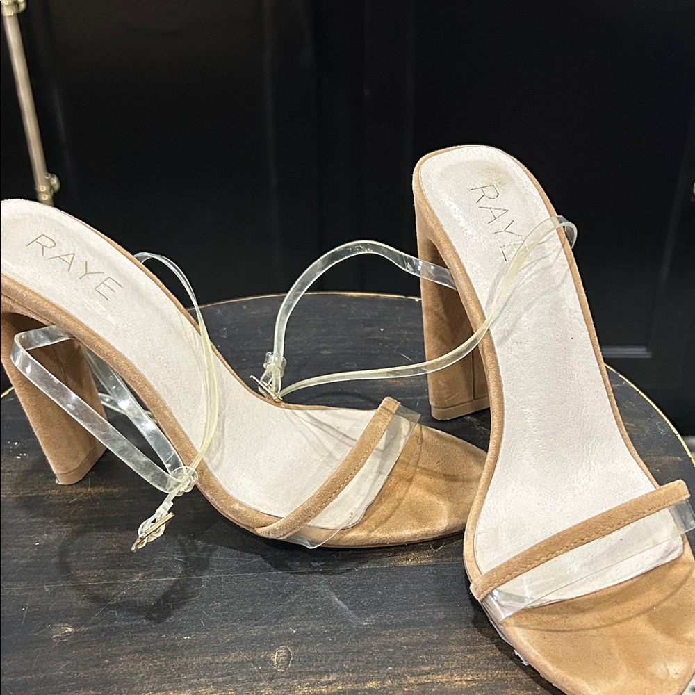 RAYE Tan and Clear Strap Heels